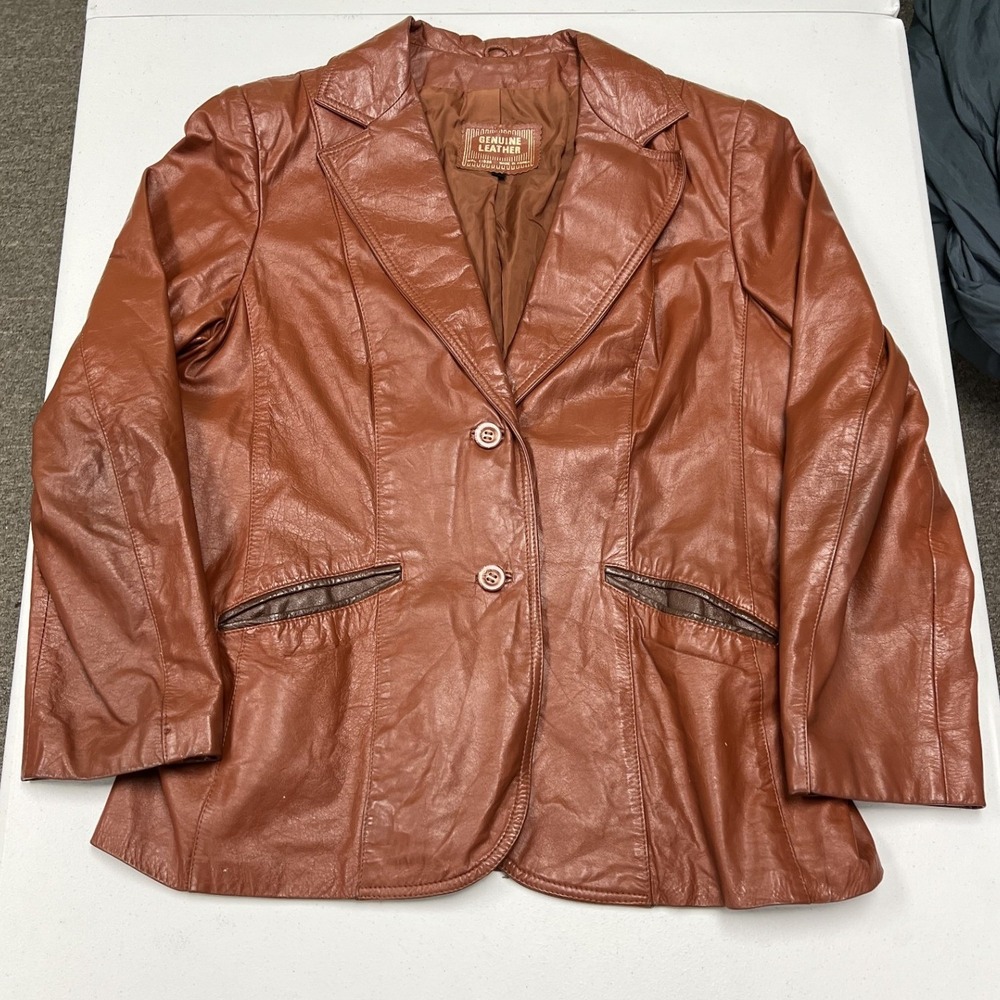 Genuine Leather Blazer Jacket Womens L Brown Good Vintage 2-Button Coat